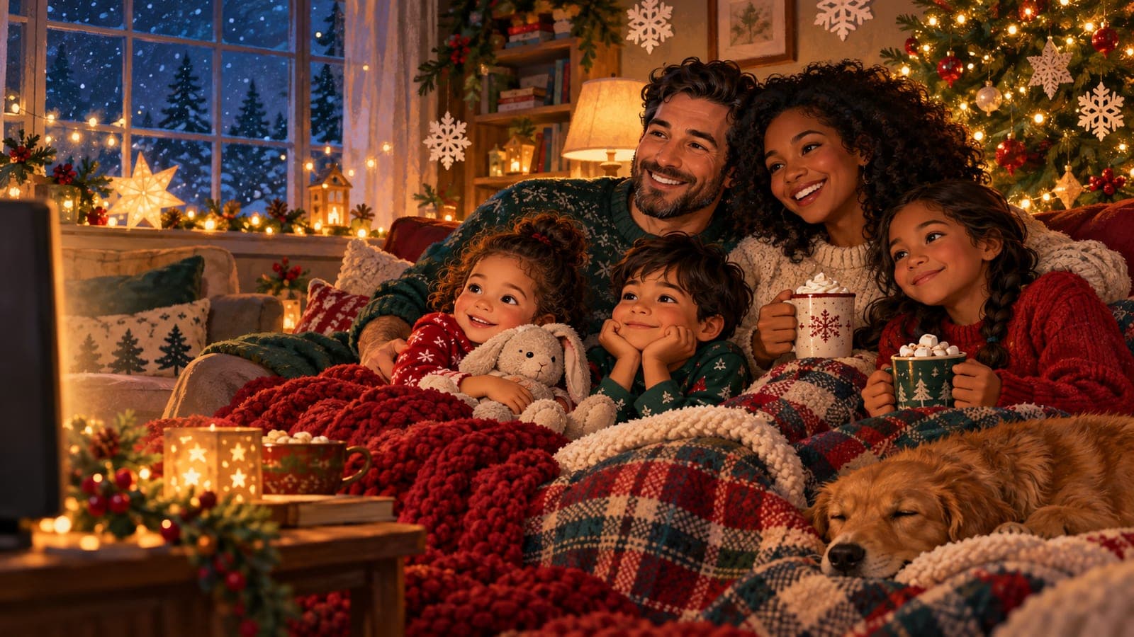 Two adults and three children with expressive faces share blankets and cocoa while watching a Christmas movie beside a lit tree.
