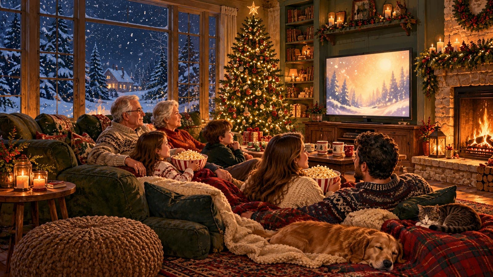 A multigenerational family sharing popcorn during a cozy Christmas movie night beside a glowing tree and fireplace.