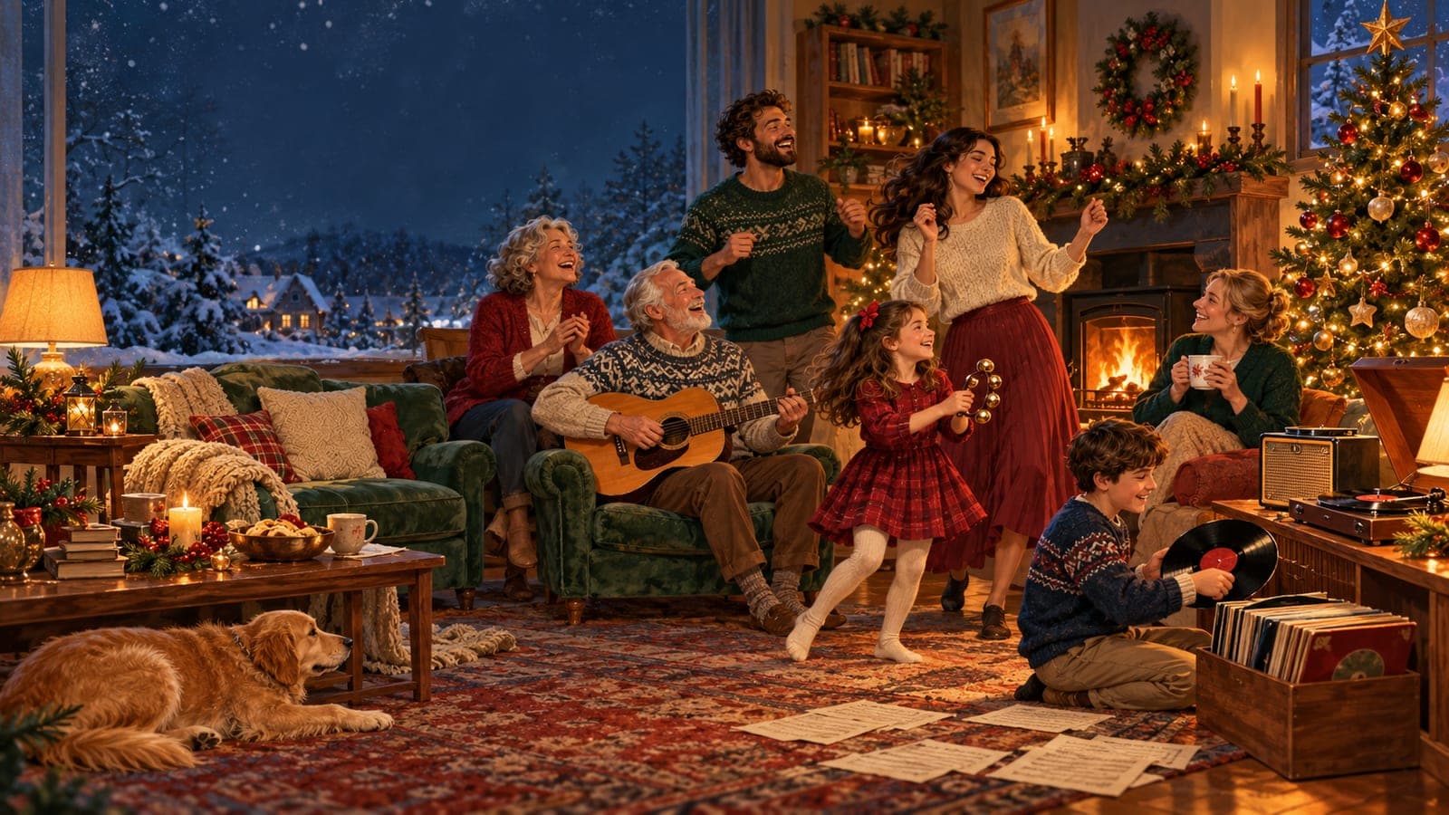 A multigenerational family singing, dancing and playing guitar together beside a Christmas tree, record player and fireplace.