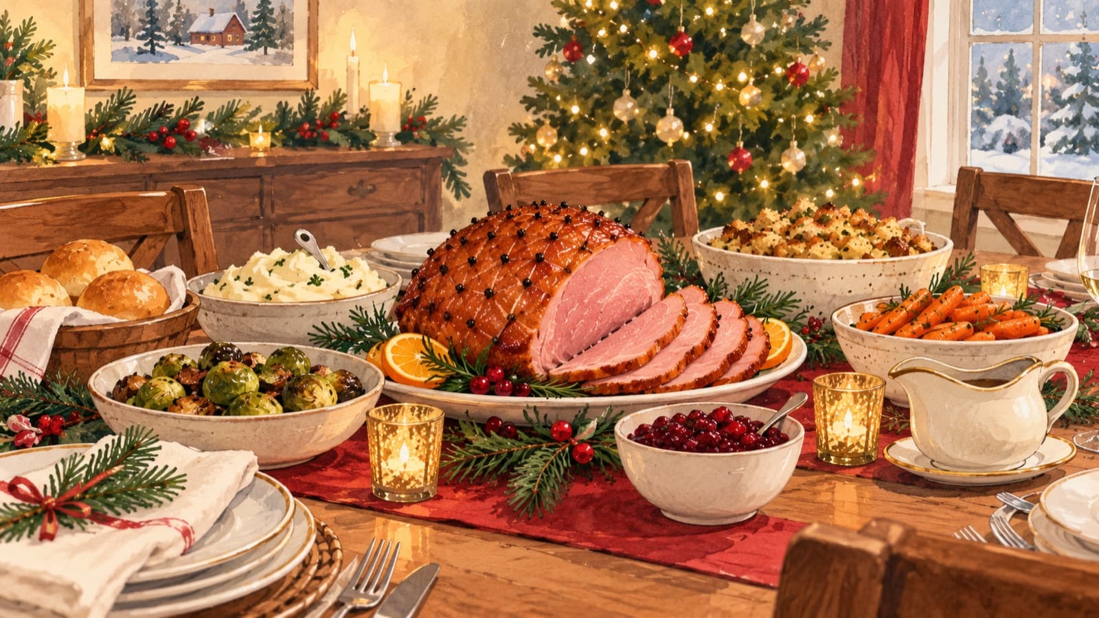 An illustrated Christmas dinner table with glazed ham, mashed potatoes, stuffing, vegetables, rolls and cranberry sauce in a warmly decorated holiday dining room.