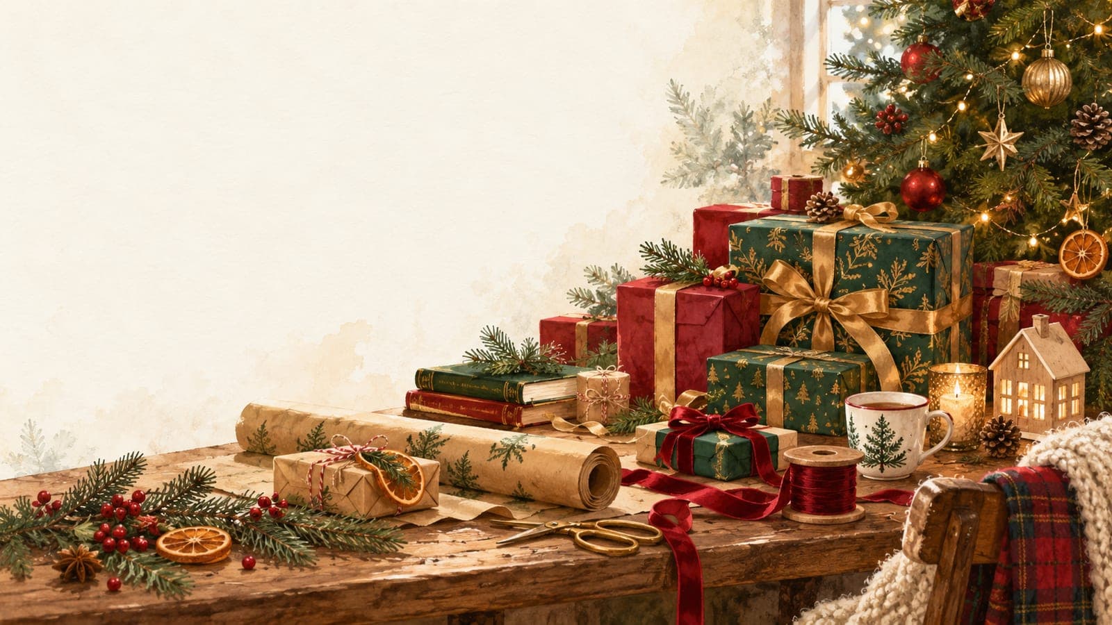 Evergreen and red wrapped presents, ribbon, books, a tea cup, and a wooden toy house on a Christmas wrapping table beside a decorated tree.