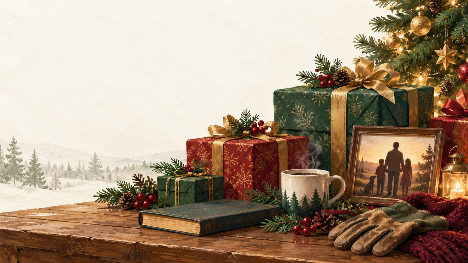 Wrapped Christmas gifts, a coffee mug, a closed book, garden gloves, and a framed family silhouette beside evergreen branches and a glowing tree.