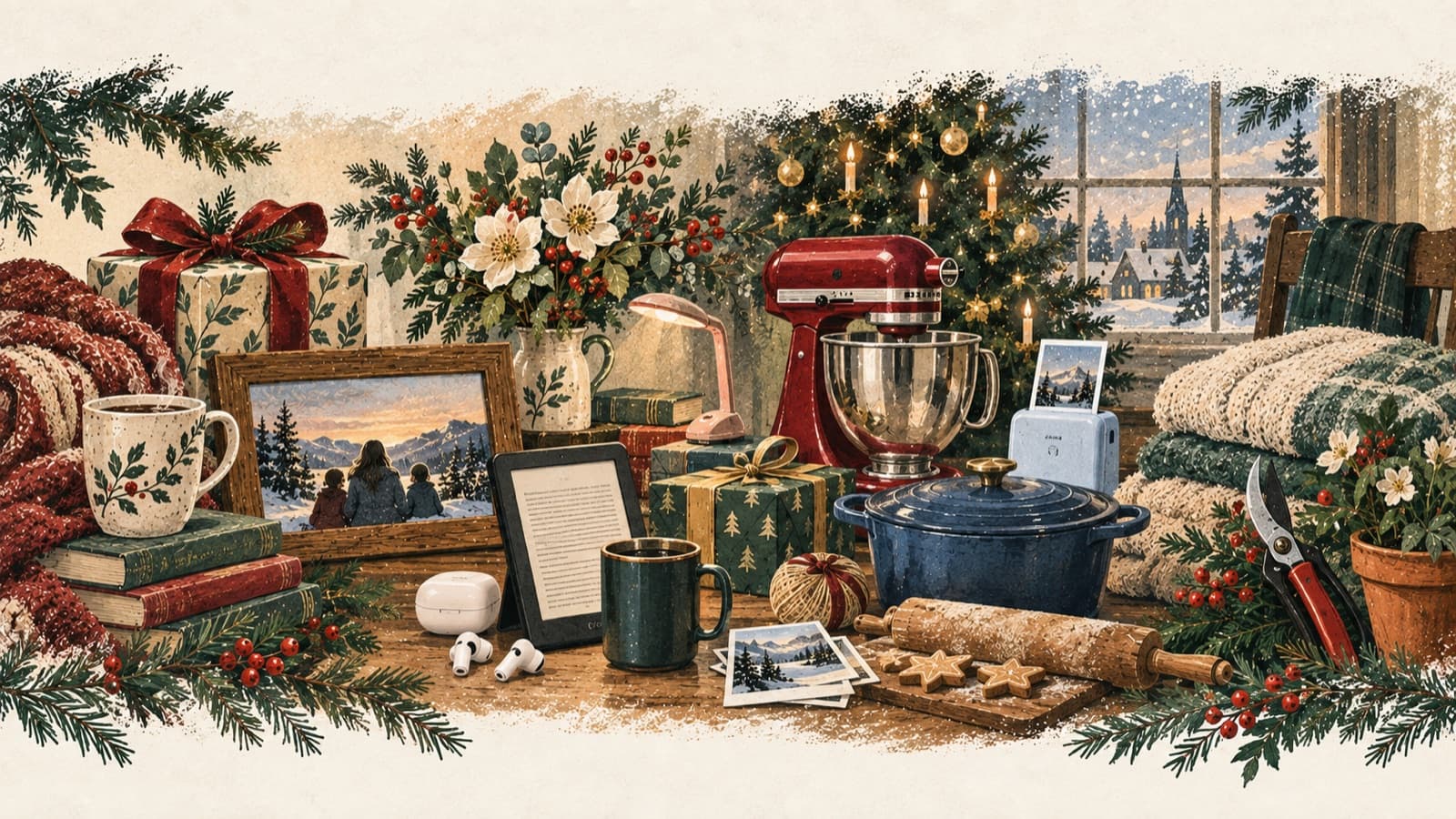 Illustrated Christmas gift scene with books, family photos, baking items, gardening tools, music accessories, cozy textiles and wrapped presents beside a Christmas tree.