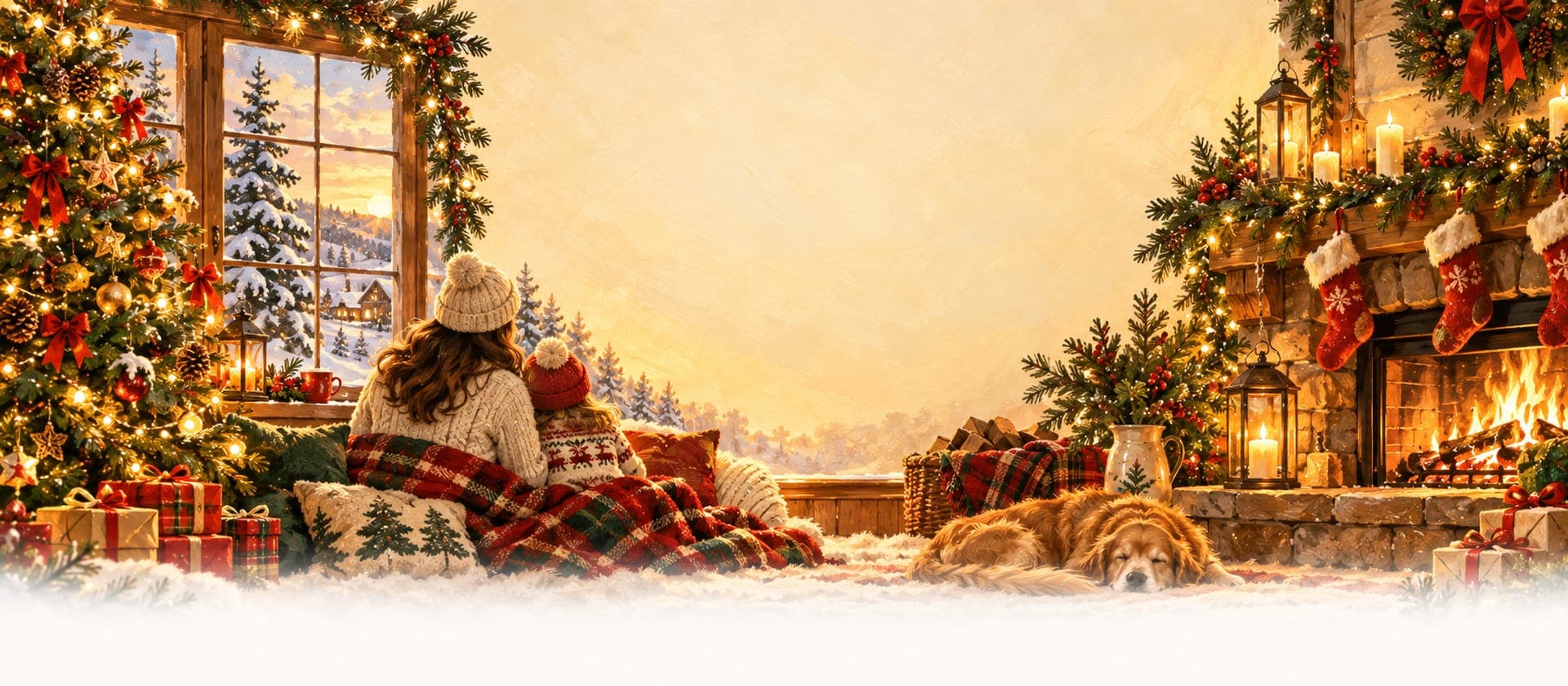 A cosy hearth with stockings, a decorated tree and a sleeping dog