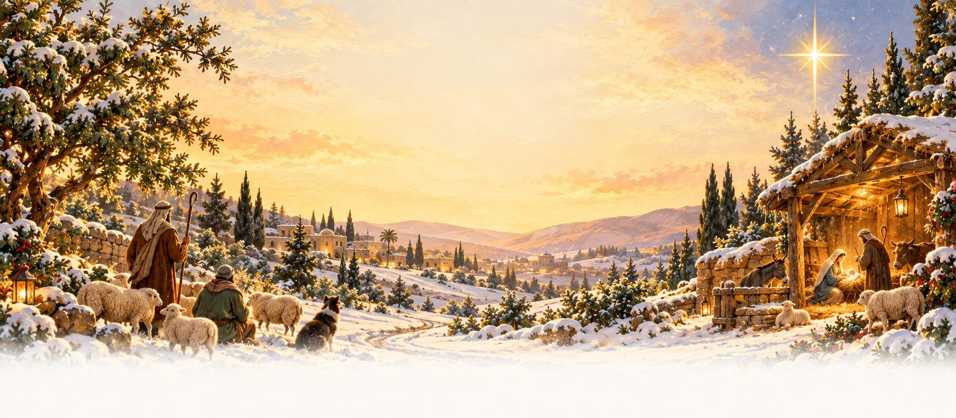 A stable under a bright star, with shepherds and their sheep