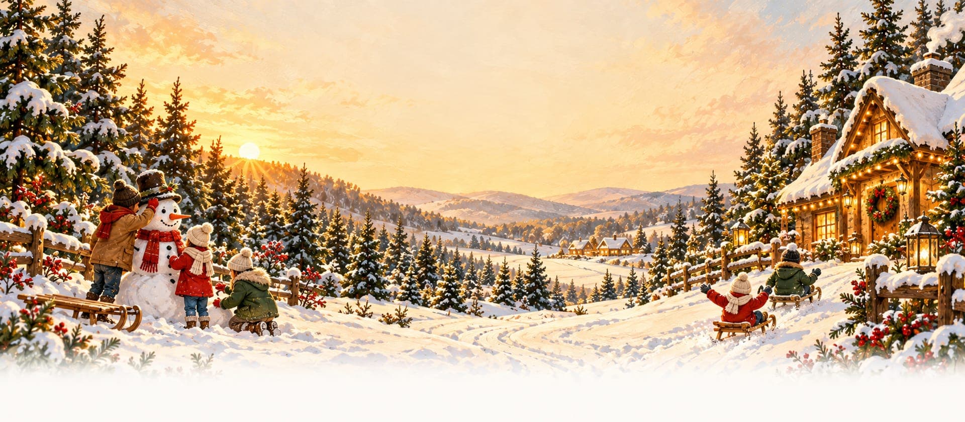 Children building a snowman and sledding beside a cottage