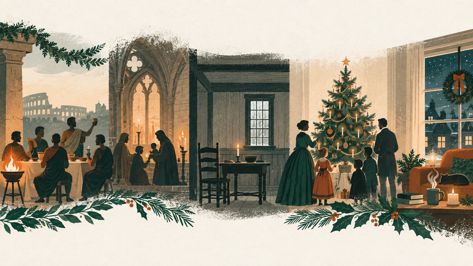 An editorial illustration showing Christmas traditions evolving from Roman and medieval midwinter celebrations through the Puritan era, Victorian Christmas and the modern holiday.