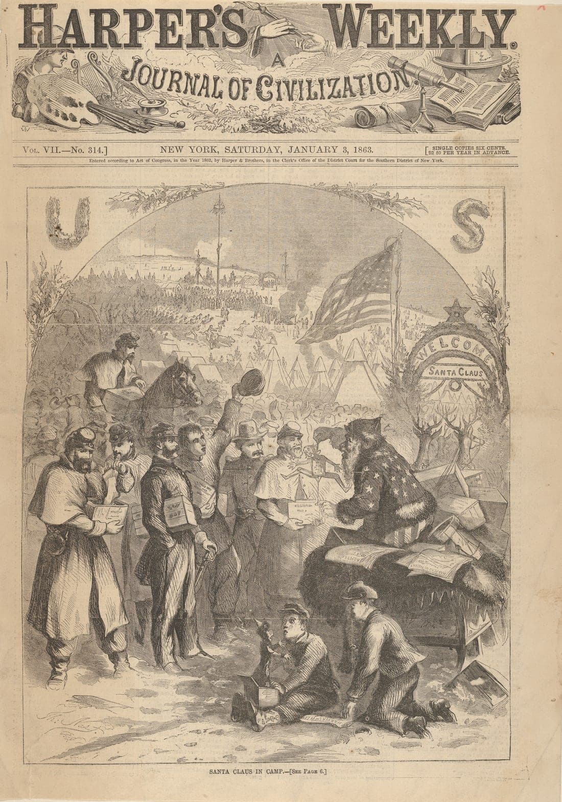 The front page of an 1863 newspaper, showing a fur-clad Santa Claus handing gifts to Union soldiers in an army camp.