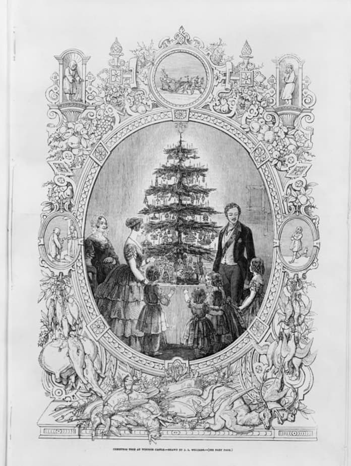A wood engraving of Queen Victoria, Prince Albert and their children gathered around a decorated tree standing on a table.