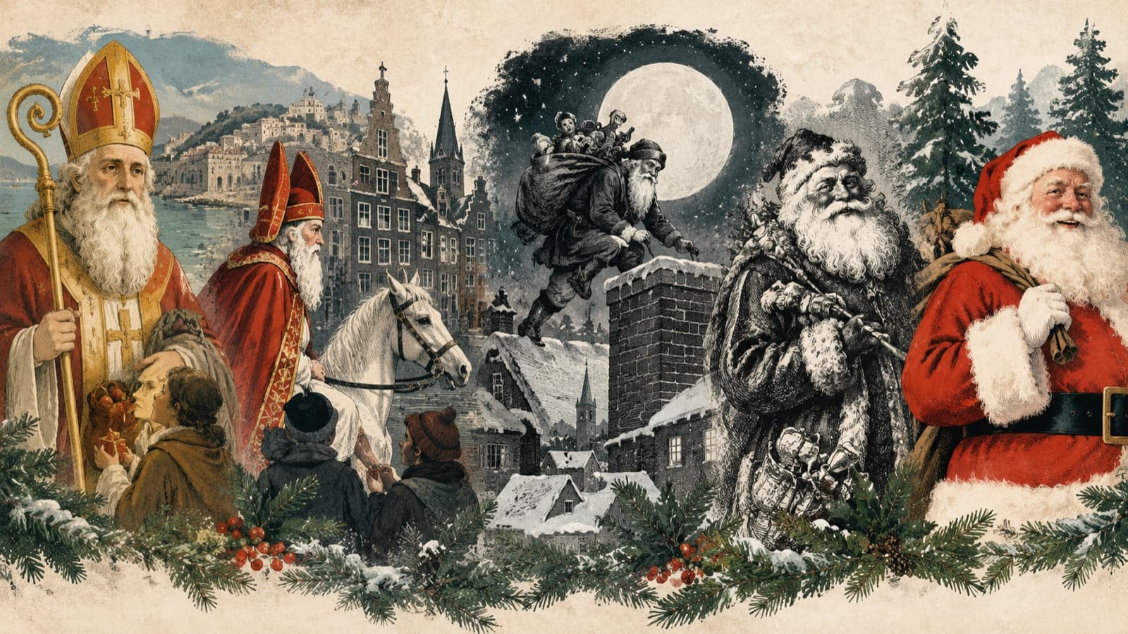 An editorial illustration tracing Santa Claus from Saint Nicholas and European gift traditions through nineteenth-century American Santa to the familiar modern figure.