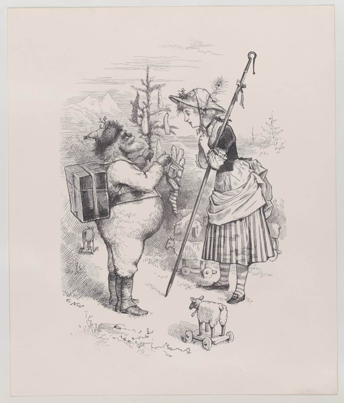 An 1879 Thomas Nast drawing of a stout, fur-clad Santa Claus with a pack on his back, hanging decorations on a small fir tree while Little Bo Peep watches, holding her crook.