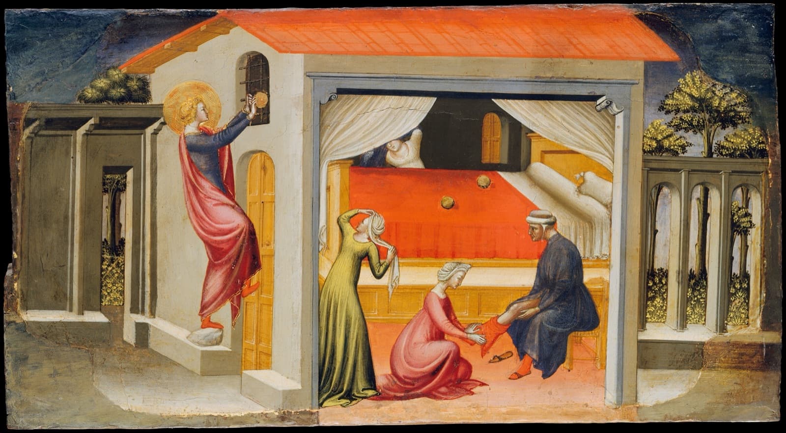 A fifteenth-century painting of a haloed Saint Nicholas standing outside a house at night, dropping balls of gold through a window towards three young women and their seated father inside.