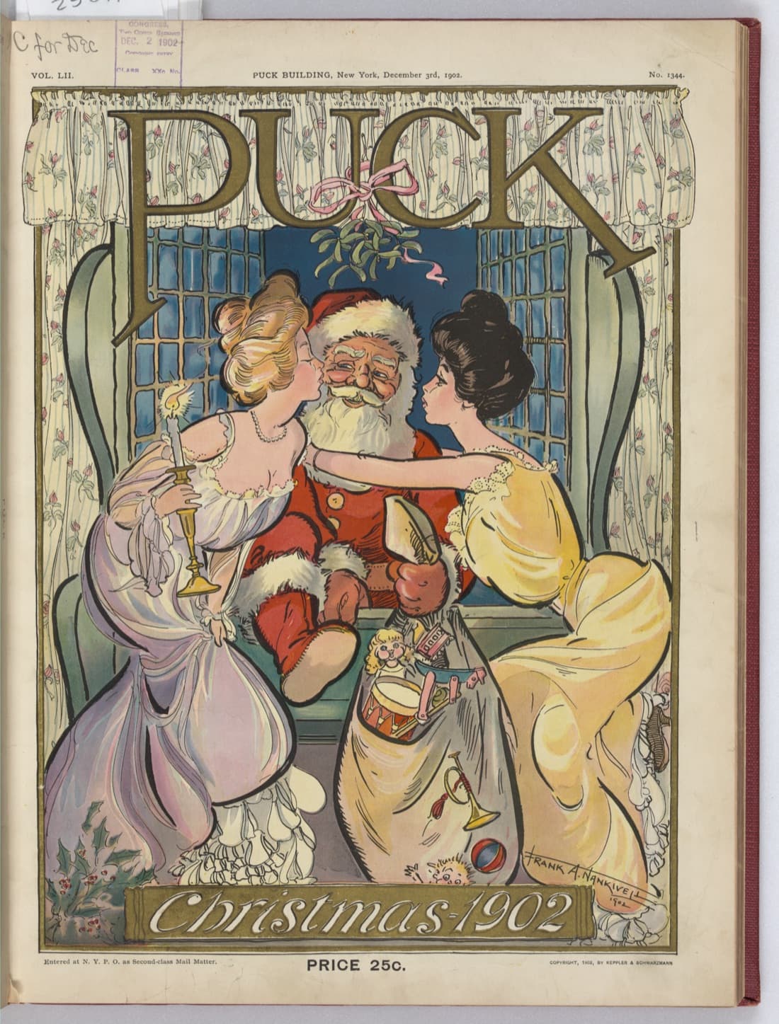 The colour cover of Puck magazine for 3 December 1902, showing a white-bearded Santa Claus in a red fur-trimmed suit seated with a sack of toys while two young women lean in to kiss him beneath a sprig of mistletoe.