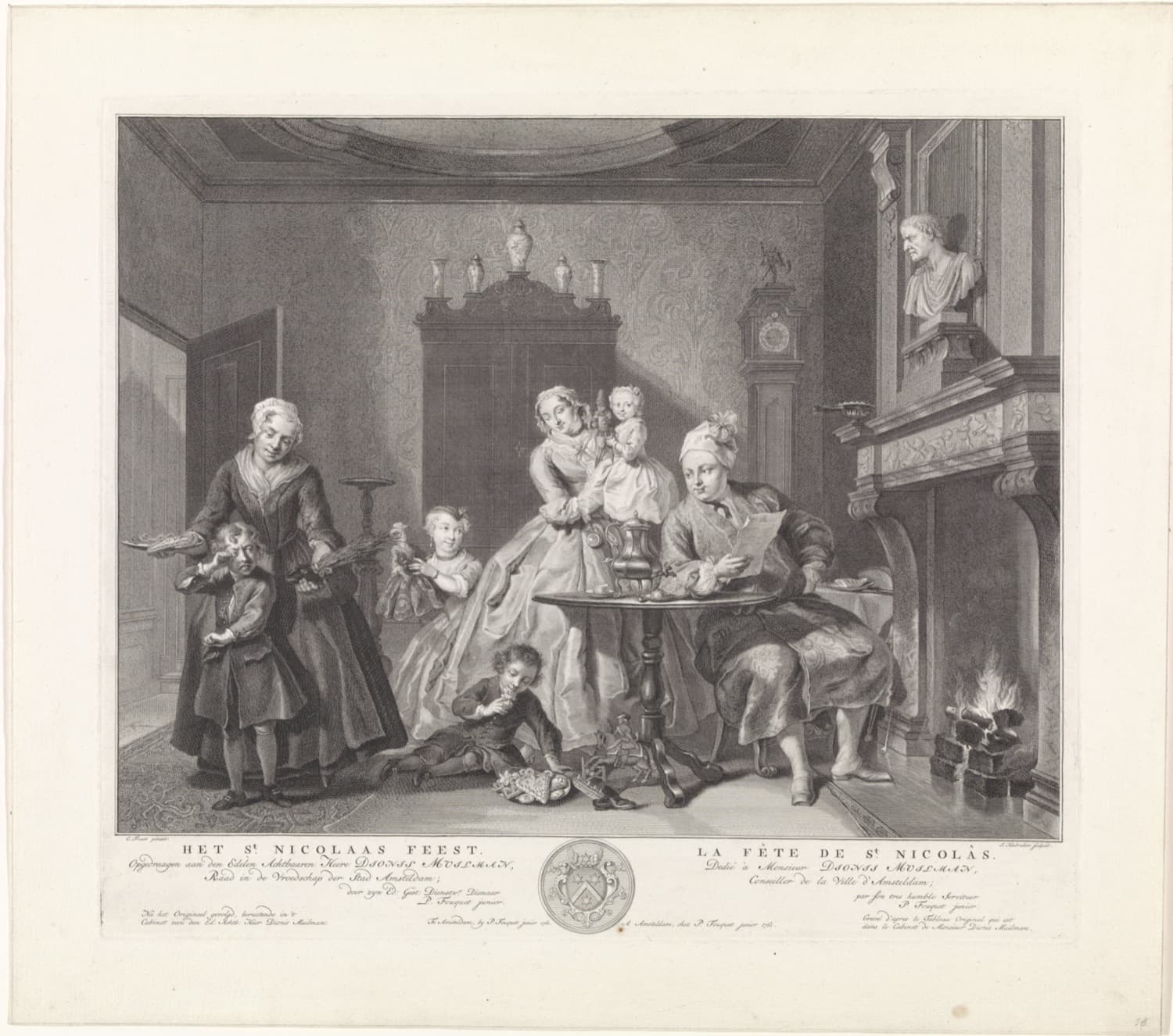 An eighteenth-century Dutch engraving of a family indoors on Saint Nicholas Eve: children with dolls and sweets near a fireplace, and at the left a crying boy whose shoe, held up by a maidservant, contains only a birch rod.