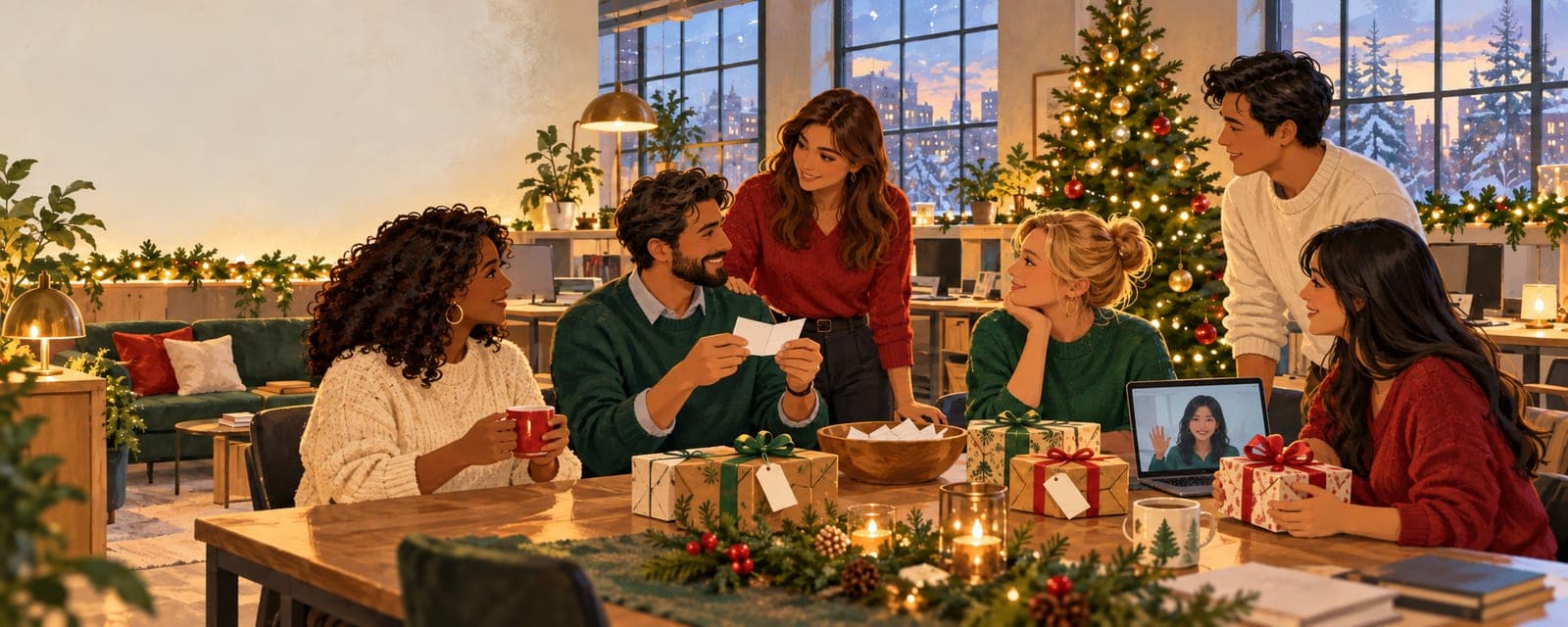 Coworkers gathering around small wrapped gifts and folded name slips in a decorated office while one colleague joins by laptop.