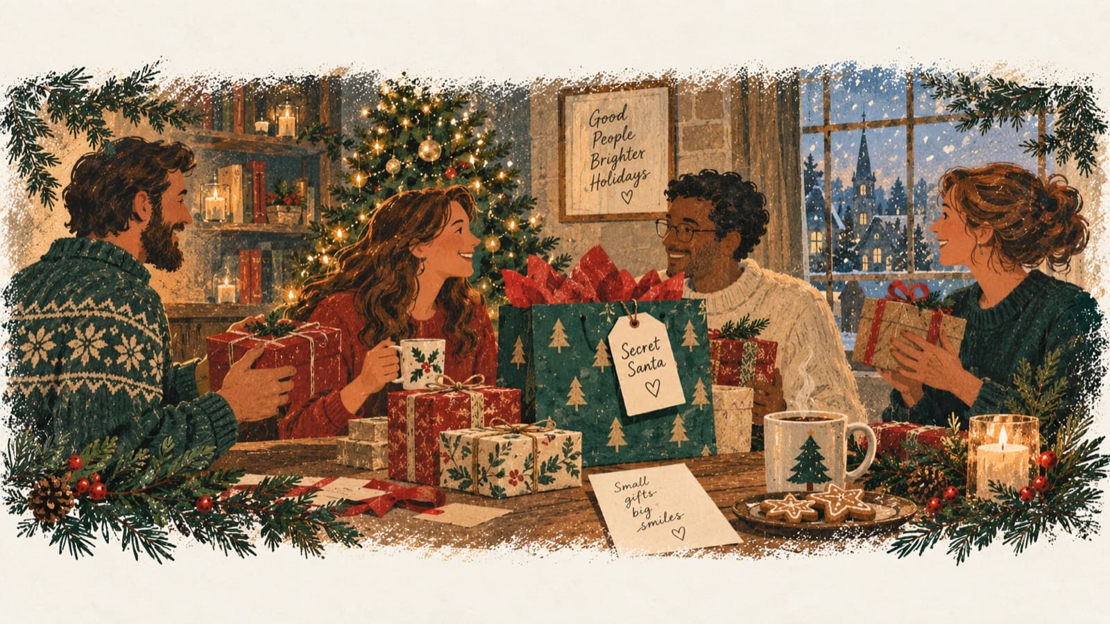 Friends exchanging wrapped Secret Santa gifts around a Christmas table beside a decorated tree.