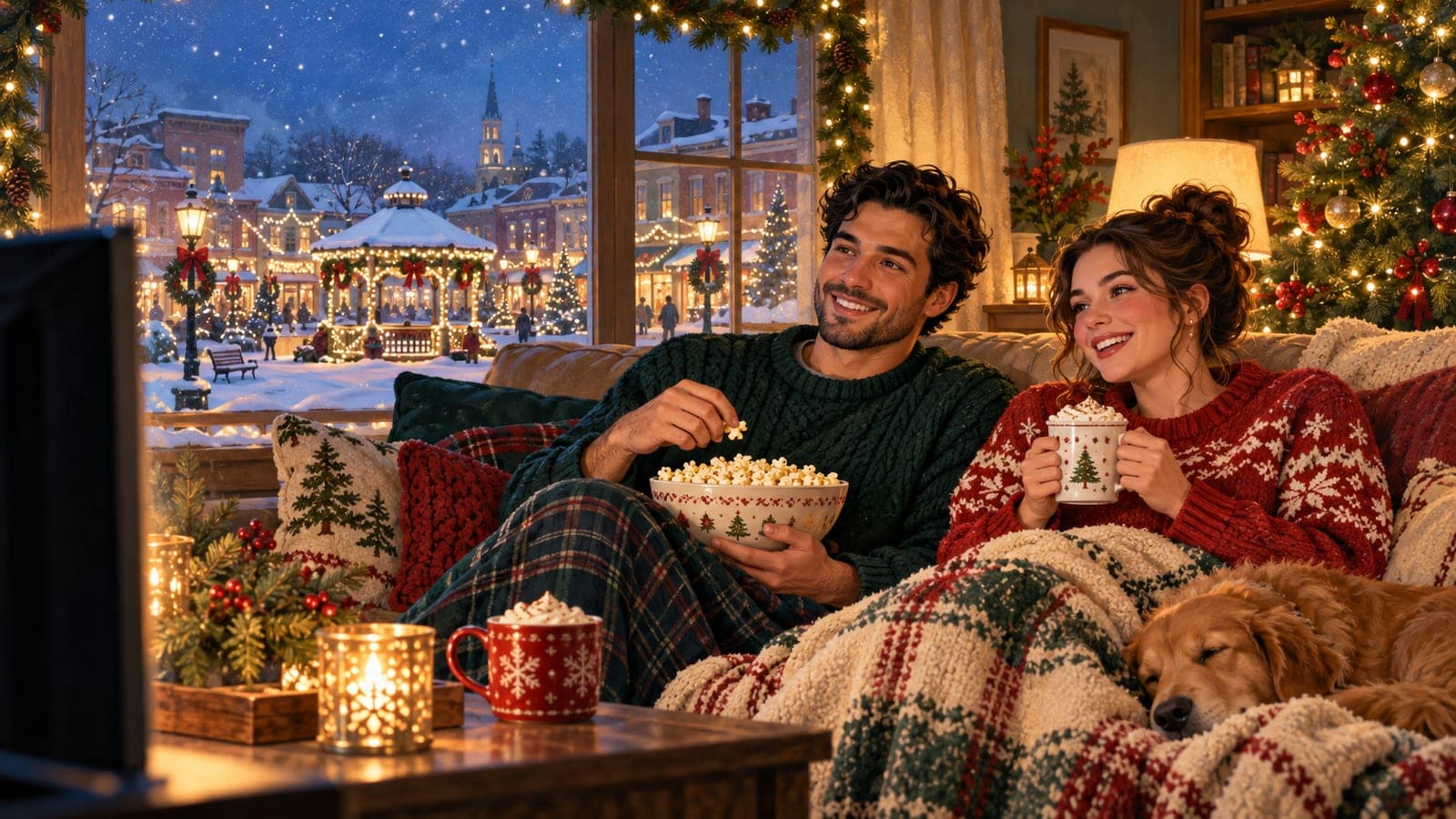 Two adults with expressive faces watch a Christmas movie with cocoa and popcorn as a snowy decorated town glows outside.