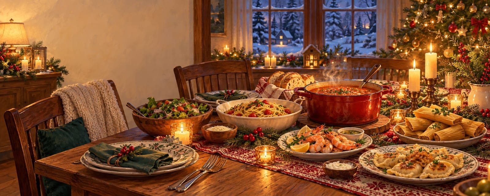 A candlelit Christmas Eve table with soup, pasta, seafood, tamales, pierogi, bread and salad beside a glowing tree and snowy window.